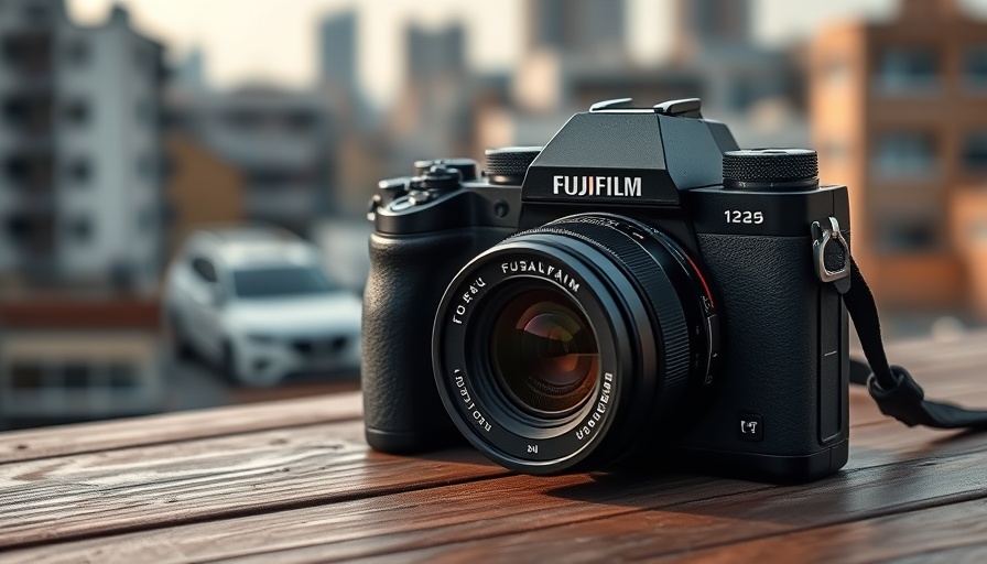 Sleek black Fujifilm camera on a table, urban background