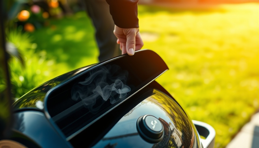 Person opening grill with closed lid, smoke rising in sunny garden.