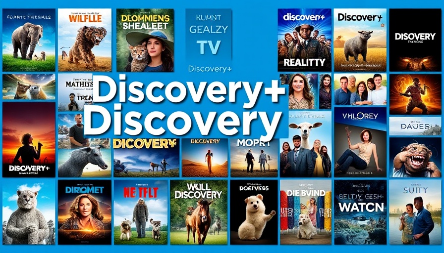 Collage of Discovery+ shows, vibrant blue background, Discovery+ auf Roku streamen.