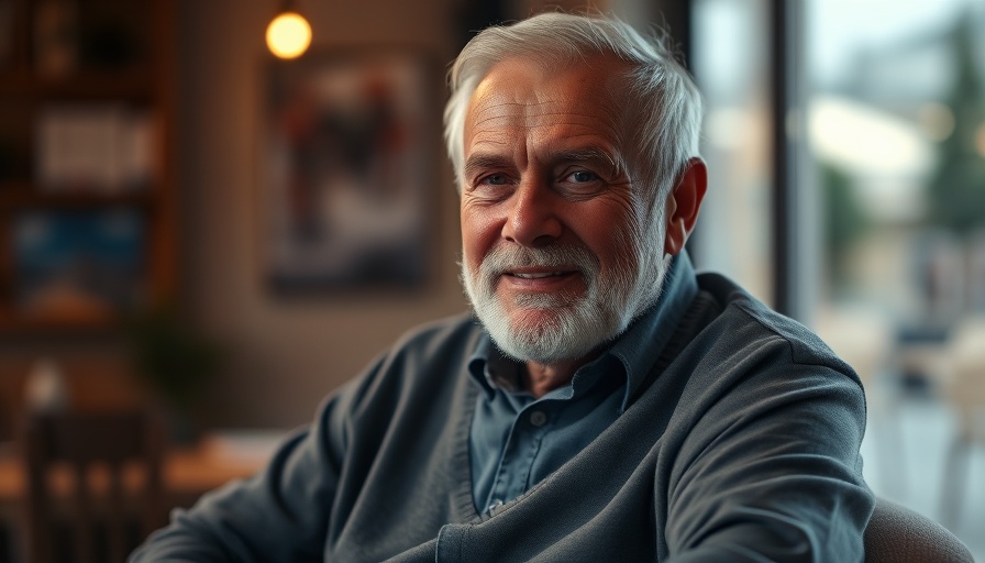 Elderly man indoors, cinematic portrait in Stormarn, warm lighting