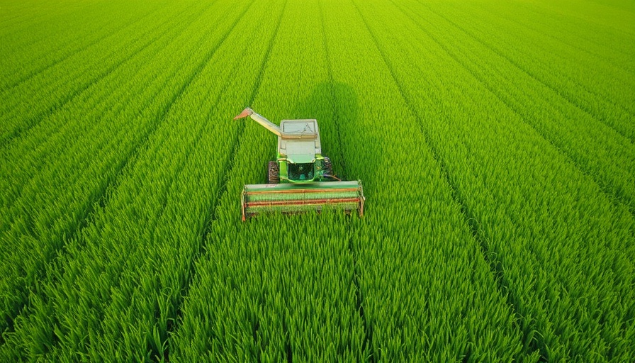 Aerial view of grass harvesting machine in a lush green field, Duft von frisch gemähtem Gras.