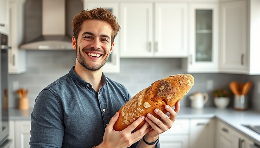 Smiling man in kitchen, holding bread, related to veganer Grillwettbewerb Pinneberg.