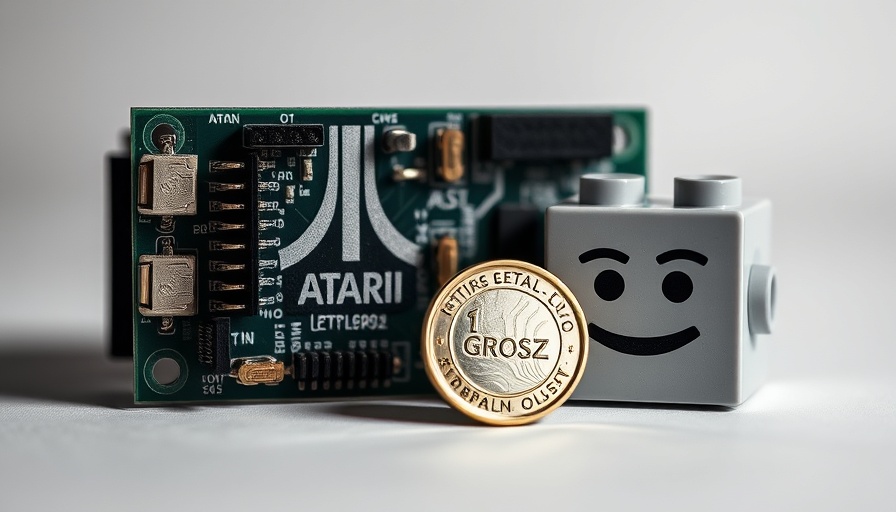 Mini Atari replica with a coin and LEGO, showcasing detailed elements.