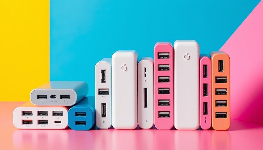 Power banks on colorful background showcasing various USB ports, beste Powerbank im Test.