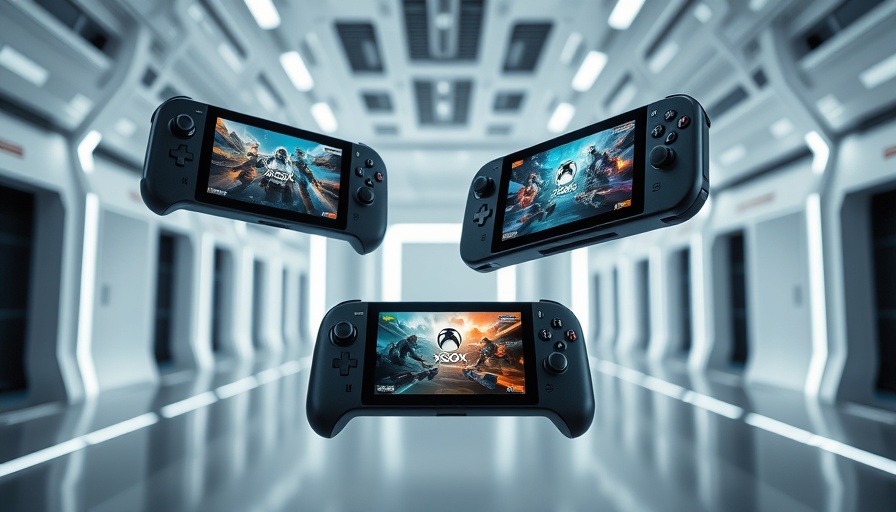 Modern ROG Xbox Ally handheld gaming devices displayed in futuristic setting.