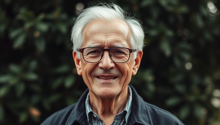 Elderly man with white hair smiling softly in front of greenery.