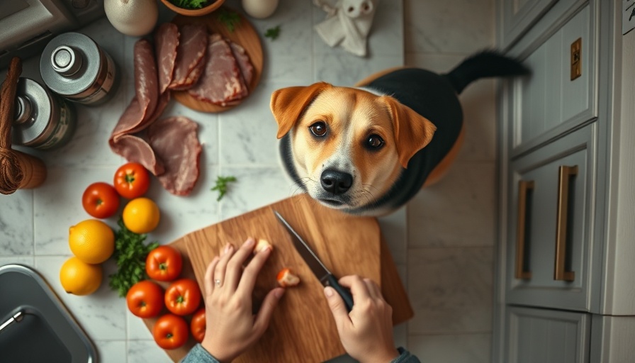 Kitchen scene with dog looking at food on counter, highlighting dangerous kitchen foods for dogs.