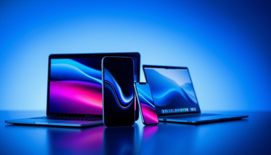 Apple devices showcasing KI-Funktionen von Apple on blue background.