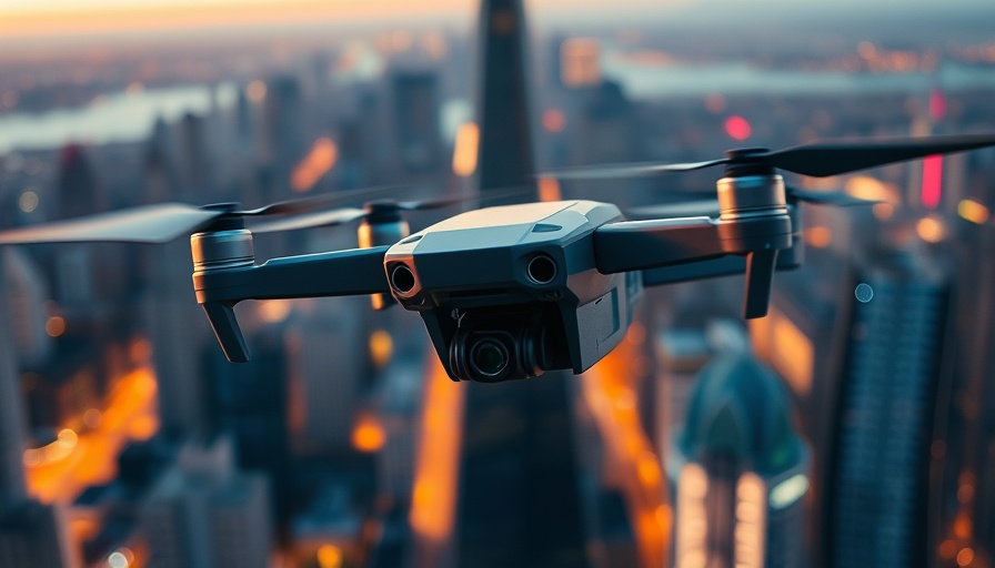 DJI Mini 4 Pro Fly More Combo drone in flight over cityscape.