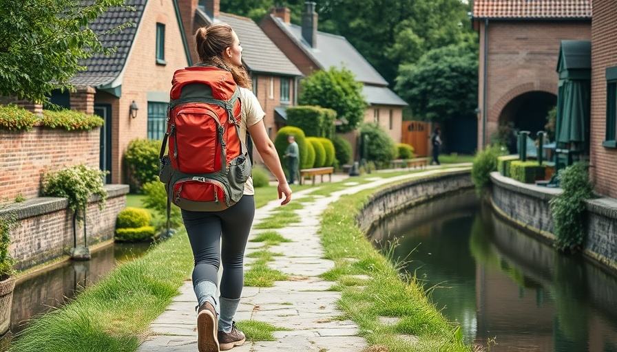 Female hiker walking on a scenic path in a village in Niedersachsen.