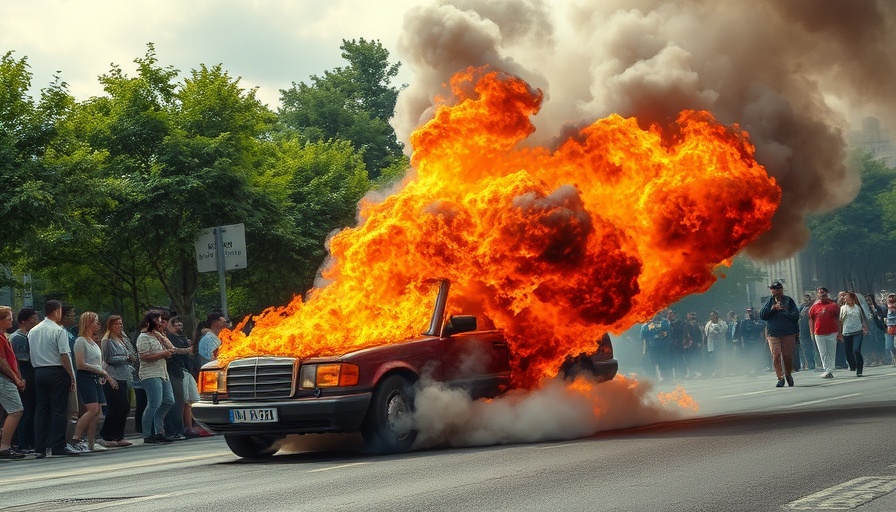 Robotaxis Überwachung scene with burning car and crowd.