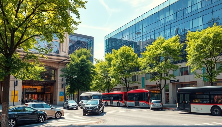 Urban shopping center with glass facade and greenery.