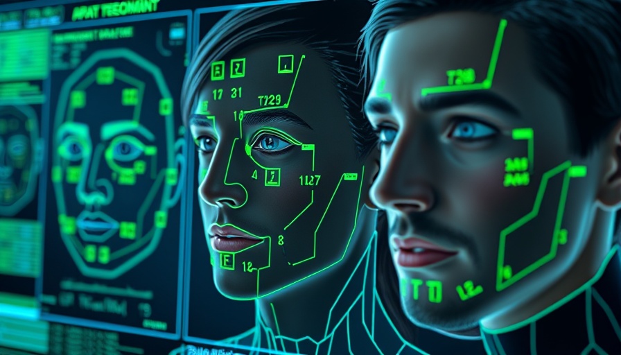 AI facial recognition software interface with facial mapping.