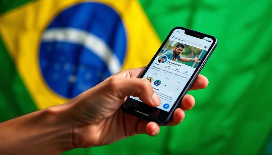 Smartphone with social media profile over Brazilian flag, capturing media liability in Brazil.