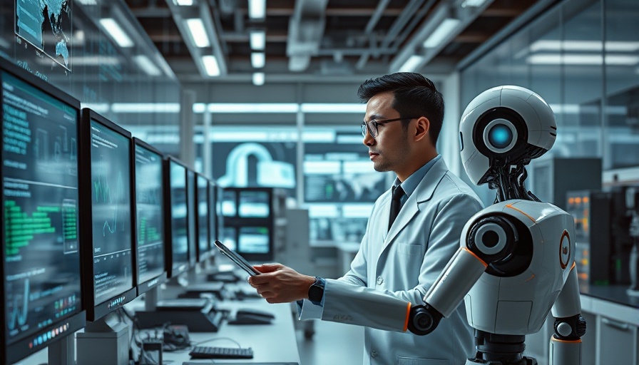 Hessisches KI-Reallabor scene with professionals and robot analyzing data.