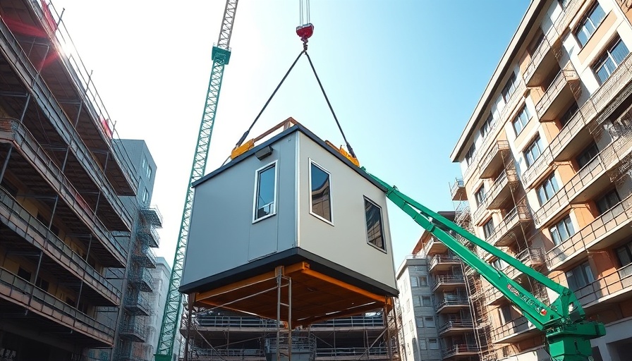 Wohnungsbau in Hamburg: crane lifting module at construction site.