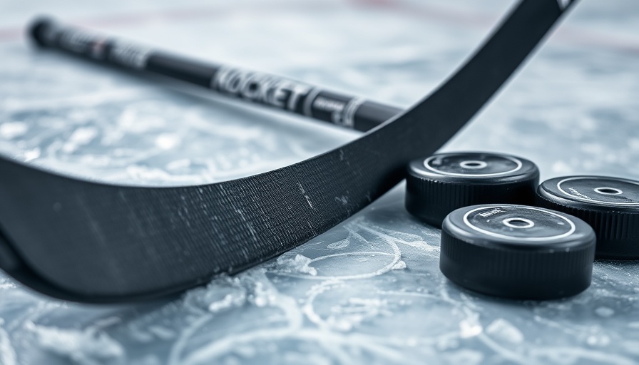 Hockey stick and pucks on ice, Stanley Cup Finale scene.