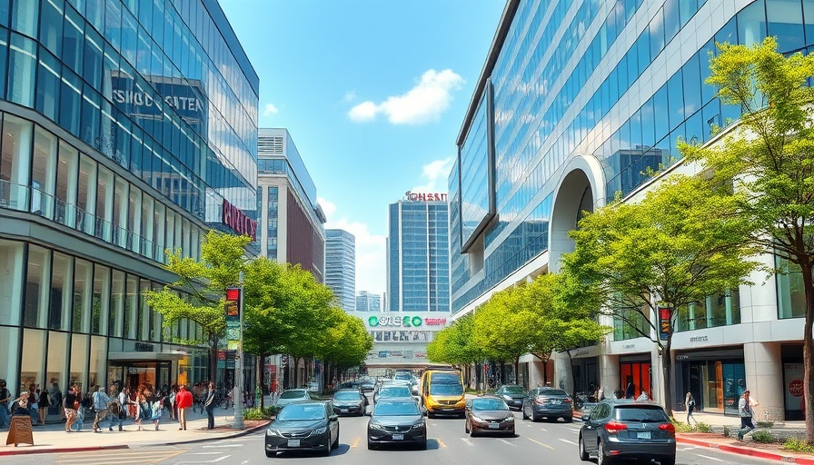 Mini-Manhattan am AEZ shopping center with street and trees in view.