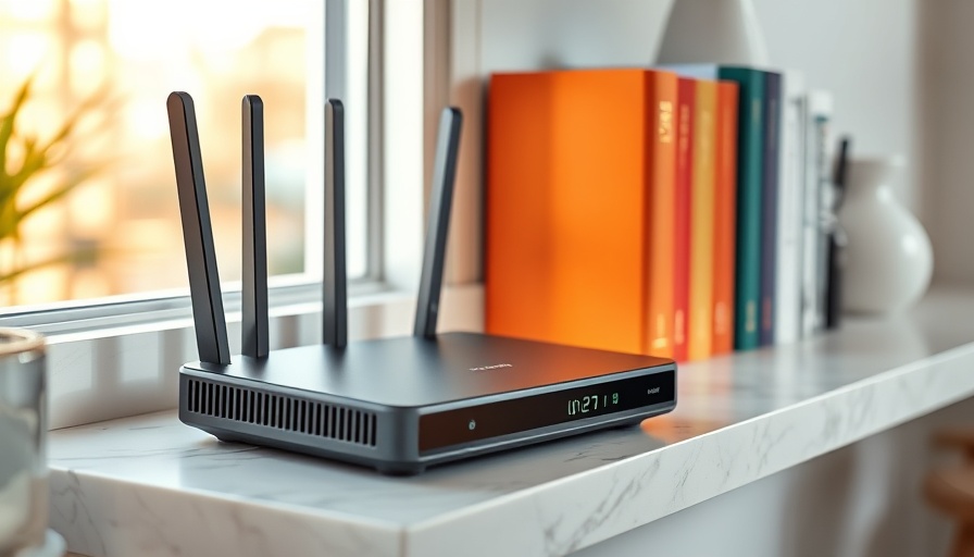 WLAN-Router Features: Modern router on shelf with books in natural lighting.