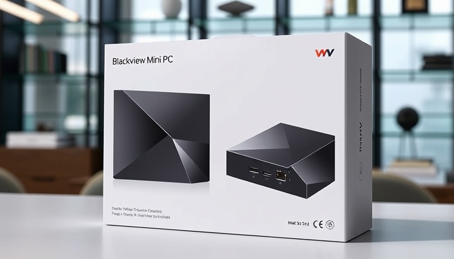 Blackview Mini PC packaging displayed in an office setting.