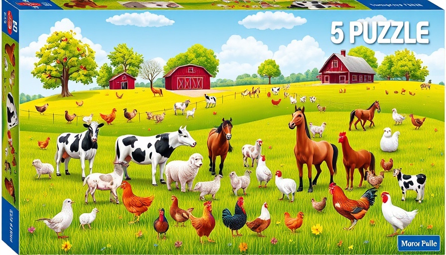 Nachhaltige Puzzles für Kinder: colorful farm animal scene on puzzle box.