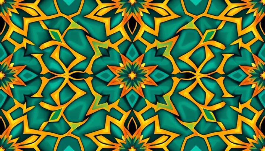 Intricate teal and gold geometric pattern in abstract art design.