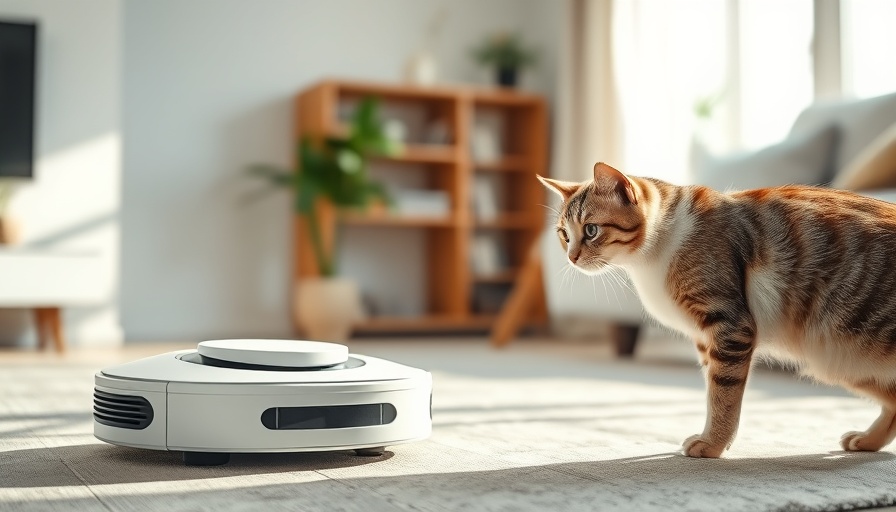 Roborock Qrevo CurvX robot vacuum with a curious cat.