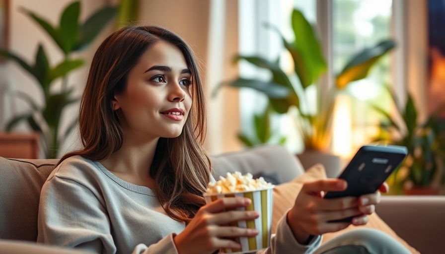 Woman enjoying YouTube Serien Formate at home with popcorn.
