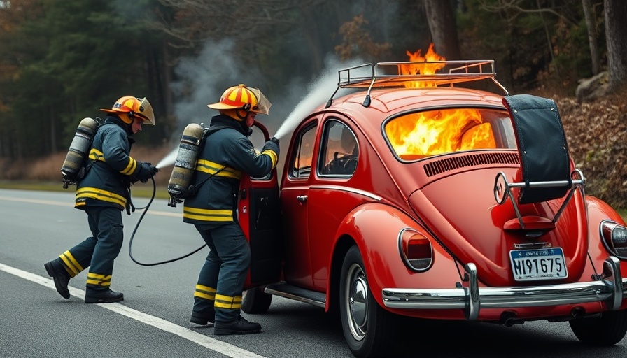 Firefighters extinguishing fire in red VW Beetle on roadside.