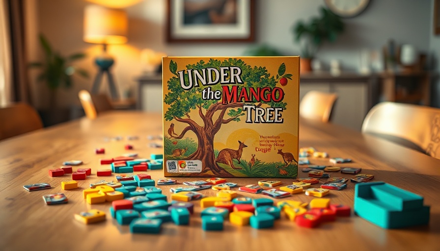 Familienspiel Under the Mango Tree game setup on wooden table.