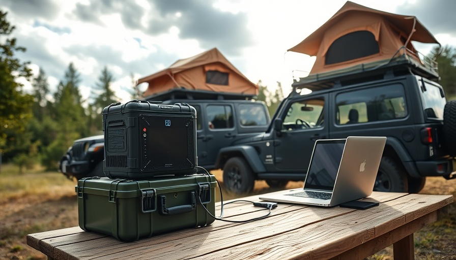 Jackery Explorer 3000 v2 powering laptop beside jeep in campsite