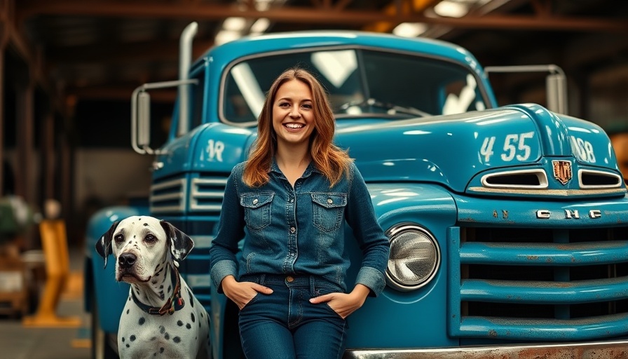 Woman and Dalmatian with vintage truck in warehouse setting.