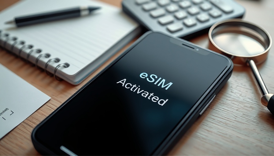 Smartphone displaying eSIM Activated on desk with Apple eSIM-Übertragung.