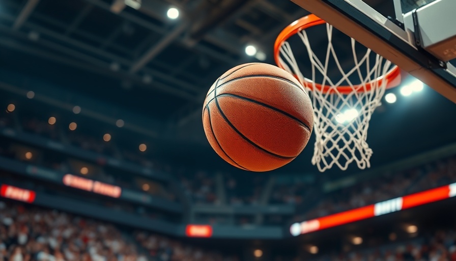 NBA Finals action, basketball approaches hoop, photorealistic illustration.