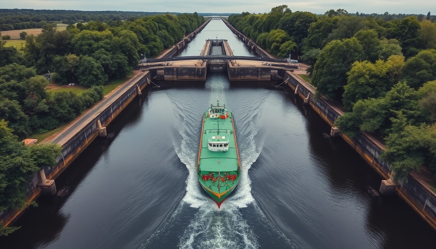 Cargo ship in canal lock on the Elbe-Lübeck Canal.
