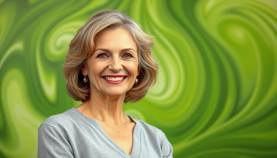Confident woman in front of green abstract background.