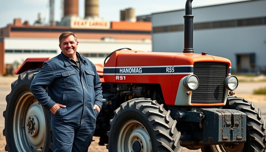 Vintage Hanomag-Traktoren with person beside it in industrial setting.