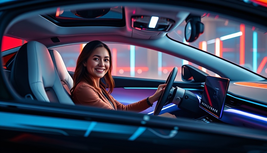Futuristic E-Autos interior with confident woman driver, Faraday Future.