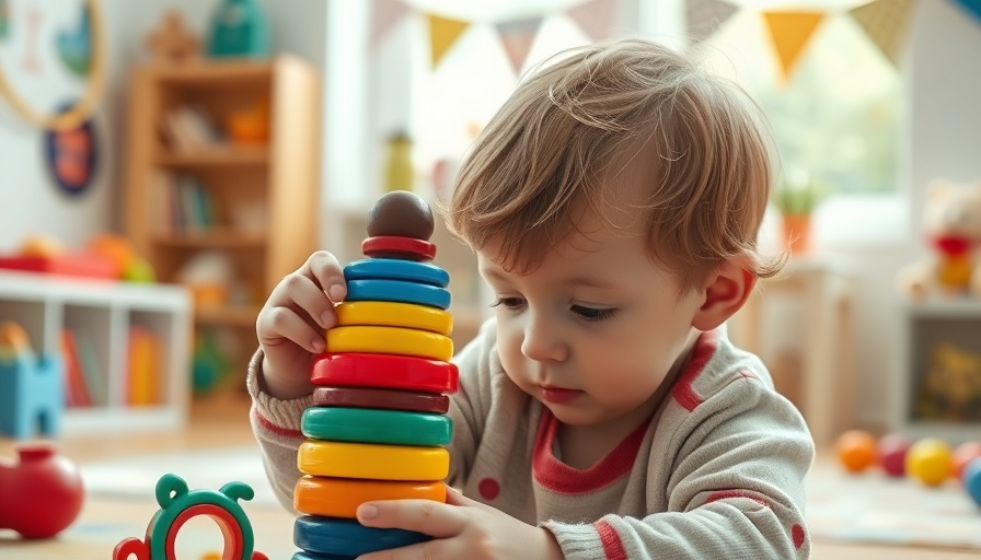 Spielerische Förderung von Babys und Kleinkindern; Toddler in yellow stacking rainbow rings in a bright playroom.