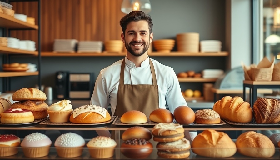 Man in new bakery in Stormarn with assorted pastries.