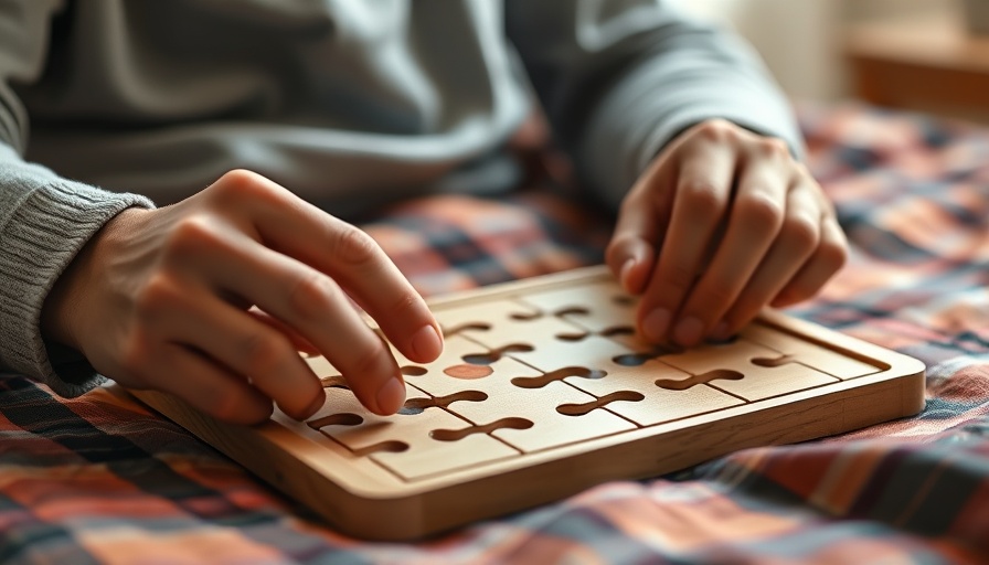 Close-up of hands engaging with Apple Puzzler Smart Game on a bed.
