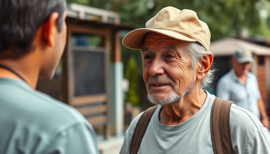 Older man with beige cap outside having a conversation.