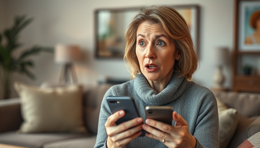 Surprised older woman reacting to phone in living room