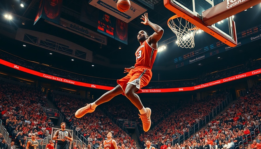 Basketball player dunking during NBA Finals in dramatic lighting.