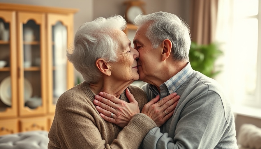 Elderly couple demonstrating jahrzehntelange Liebe with a kiss.