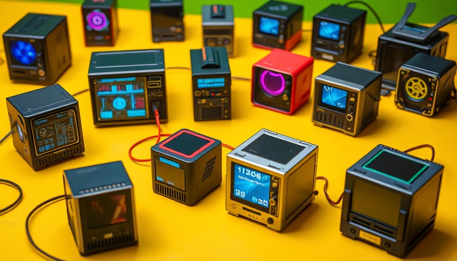 Mini-PCs mit Windows 11 in cyberpunk style against colorful backdrop.