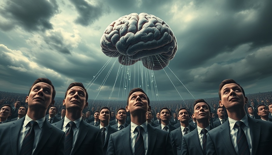 Surreal scene of businessmen and giant brain illustrating KI-Sprachmuster.