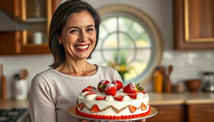 Friendly woman in café holding a strawberry cake indoors.