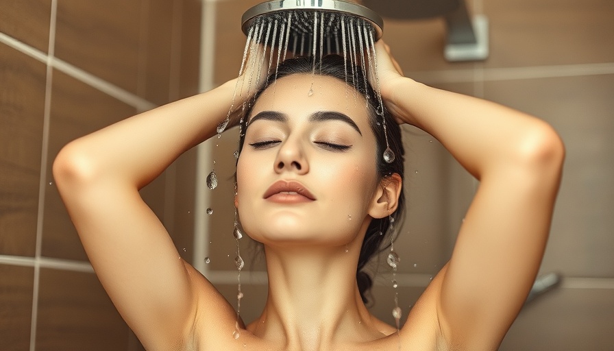 Woman showering with eyes closed in minimalist bathroom, Gesundheit beim Schwimmen.
