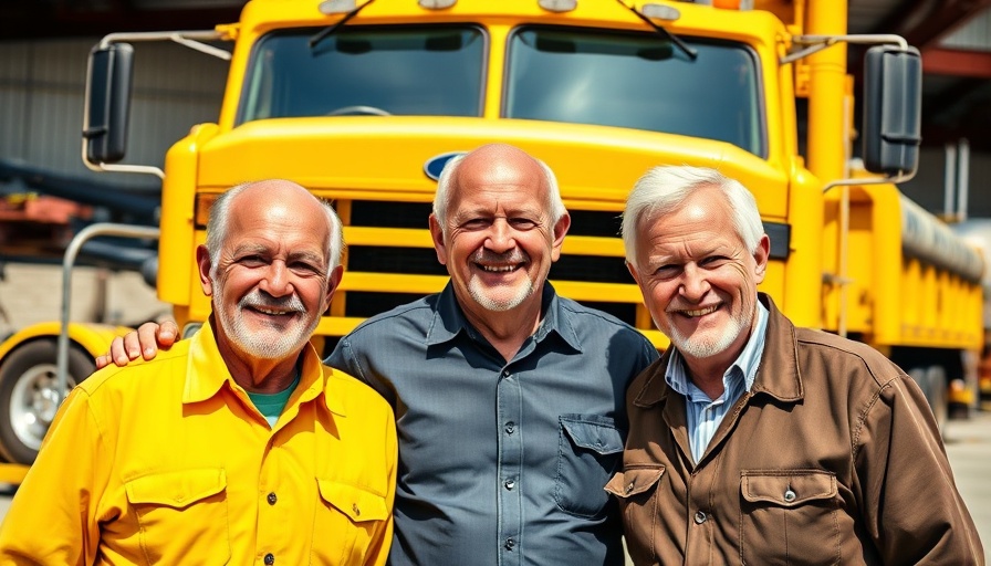 Ältere Arbeitnehmer aus Schleswig-Holstein vor einem gelben Lkw.